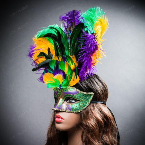 Venetian Glitter Crystal Mardi Gras Mask with Peacock Large Feather Green Yellow - Picture 3 of 9